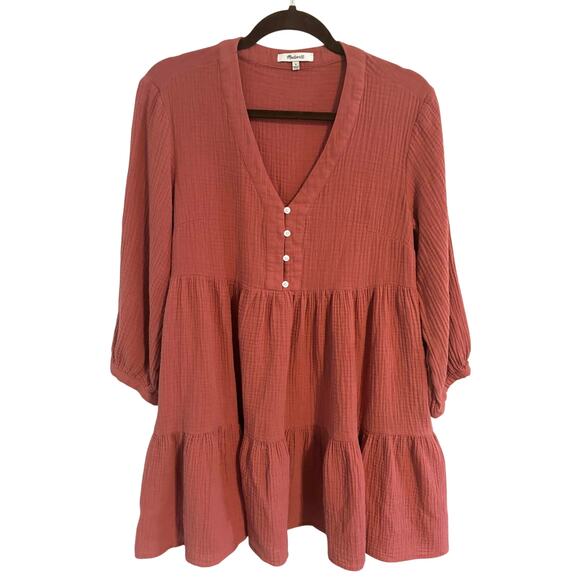 Madewell Sz 4 Cotton Gauze Baby Doll Dress Deep Coral Button Front Mini Pockets - Picture 4 of 6